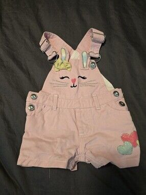 Kids Pink Bunny Overall Shorts with Heart Applique